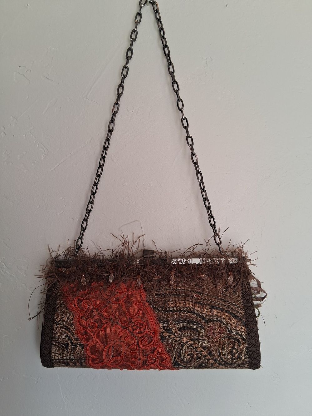 Shelley Wenum Designs Y2K Boho Tapestry Feather Trim Chain Shoulder Bag Purse - Picture 5 of 5